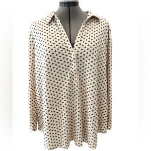 Ann Taylor Linen & Cotton Blend Long Sleeve Collared V-Neck Ditsy Pattern XXL